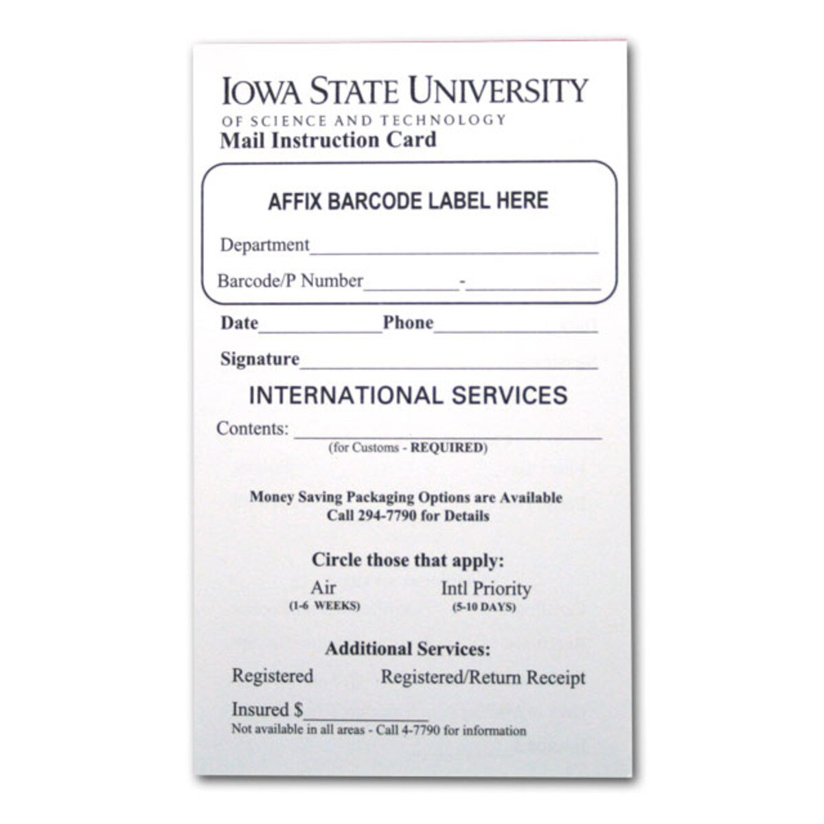 Iowa State University Mail Instruction Cards